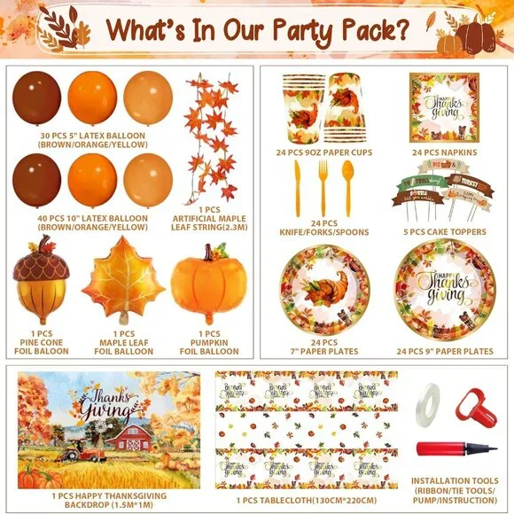 Elegant 252-Piece Thanksgiving Party Decorations Kit with Dinnerware & Balloons